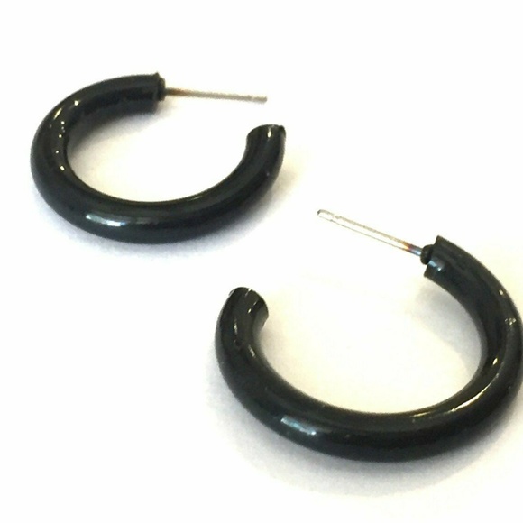 Lucite Minimalist Skinny Tube Hoop Black Earrings - Picture 2 of 5